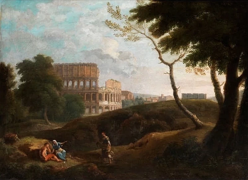 Paesaggio romano con Colosseo e figure